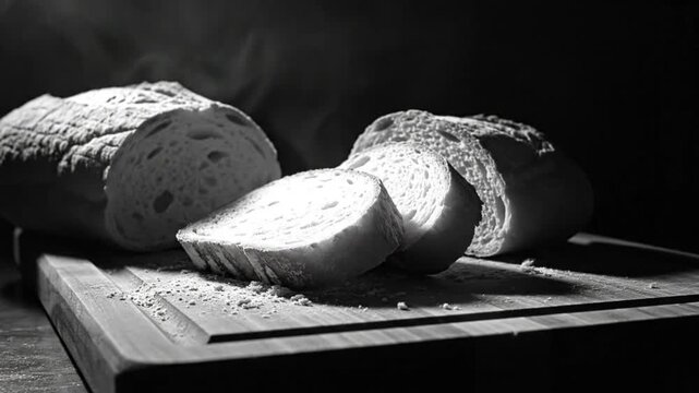 Black and white close up of sliced artisanal bread on a wooden cutting board with soft light and steam