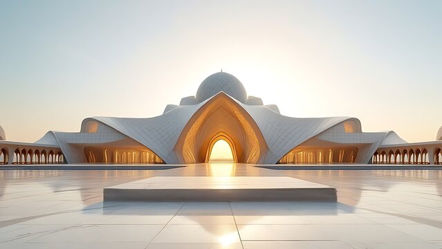 Futuristic Islamic architecture and modern mosque design in Saudi Arabia NEOM city during golden hour sunset