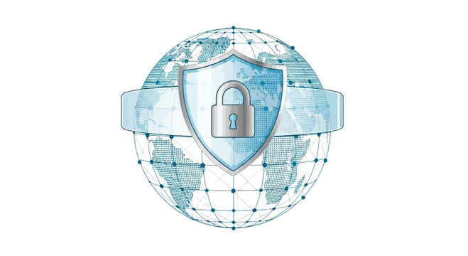 Digital security shield with lock symbol.