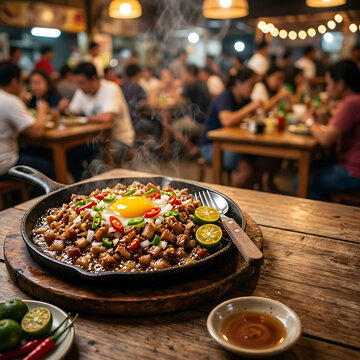 Authentic Sizzling Sisig Texture With Warm Eatery Atmosphere