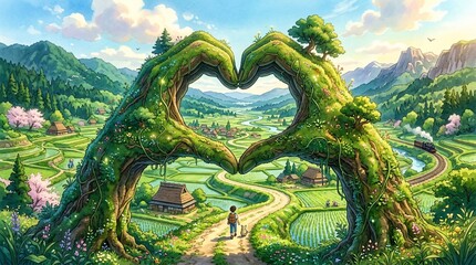 Naklejka premium Heart shaped tree arch over green valley with winding road and mountain range