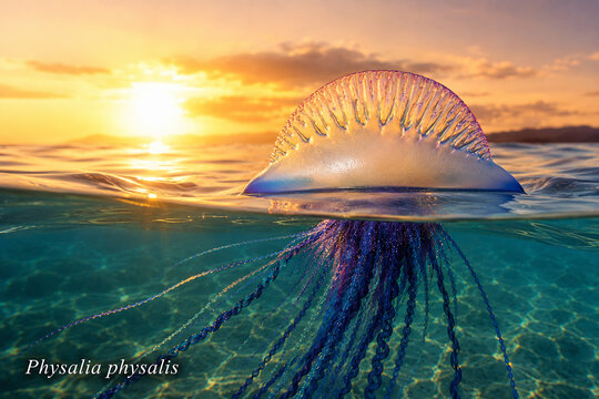 A translucent jellyfish, Physalia physalis, floats at the surface of clear blue ocean water during a vibrant sunset.