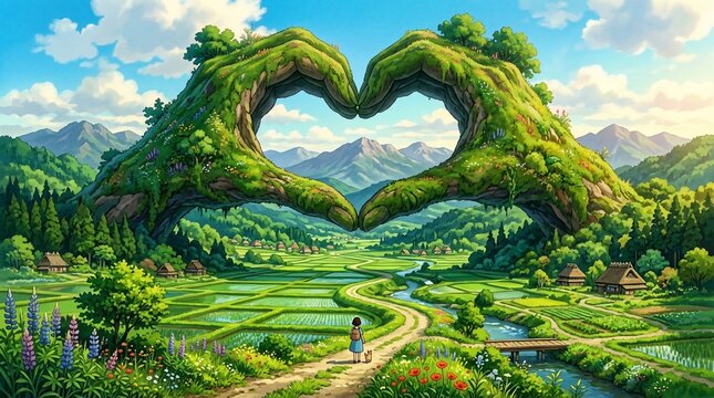 Heart shaped green hills with a winding road and a child