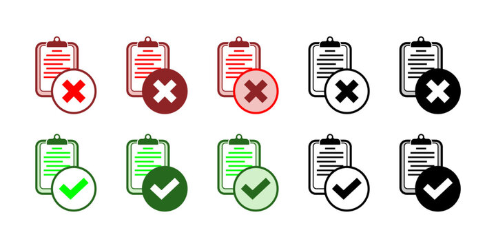 Collection of graphic symbols showing checkmarks and crosses on document pages, indicating positive and negative status. Set of icons representing approval and rejection on clipboards