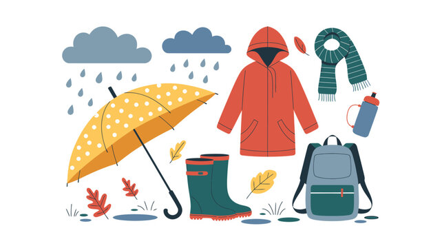 Autumn rain gear collection with umbrella boots and jacket and backpack  seasonal items