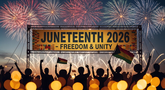 Crowd celebrating Juneteenth festival with fireworks and unity banner at dusk