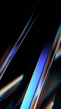 Abstract iridescent glass lines on a black background, vertical 3d render