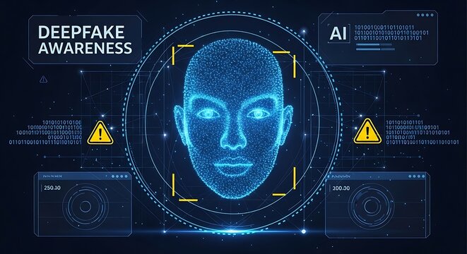 Digital illustration of a human face with Deep Fake Awareness text on a futuristic AI interface background