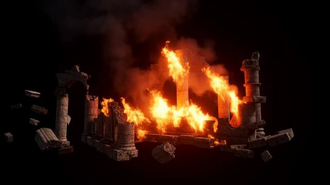 Fiery destruction of ancient ruins with intense flames and collapsing structures