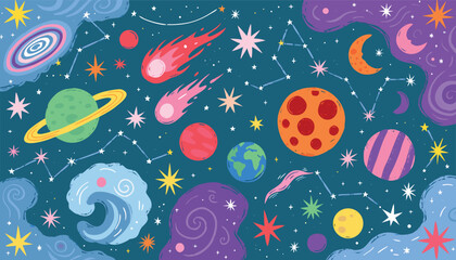 Colorful pixel planets in starry sky seamless border retro video game style outer space galaxy cosmos astronomy background wallpaper, © Rujon