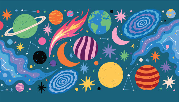 Colorful pixel planets in starry sky seamless border retro video game style outer space galaxy cosmos astronomy background wallpaper,