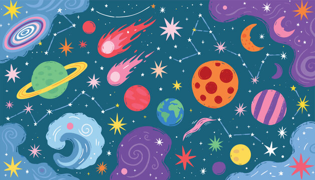 Colorful pixel planets in starry sky seamless border retro video game style outer space galaxy cosmos astronomy background wallpaper,