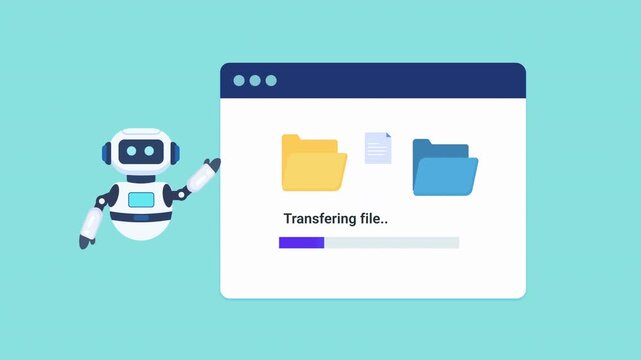 Animated robot assistant presenting a file transfer interface with progress indicator and folder icons. Looping motion graphic ideal for data migration, file sharing, and technology concepts.