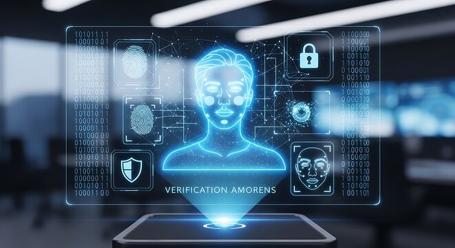 Digital illustration of a futuristic deep fake interface with glowing blue lines and icons on a transparent screen