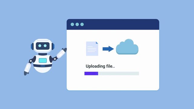 Animated robot assistant presenting a file upload interface with progress indicator and cloud destination icon. Looping motion graphic ideal for cloud storage, file transfer, and technology concepts.