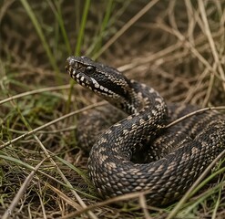 Obraz premium the snake in the grass stretched out its neck and raised its head