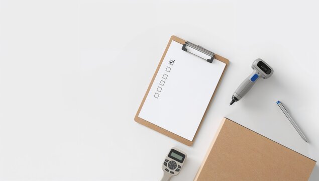 Minimalist Office Workspace with Clipboard Pen Thermometer and Notepad