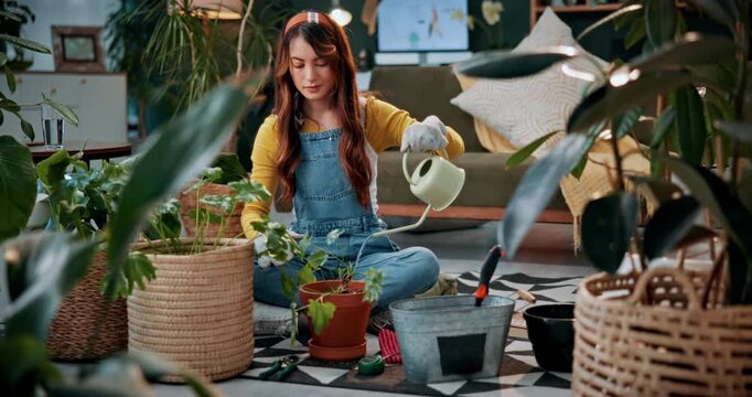 Gardening, girl and water plants in home for natural growth, healthy development or sustainability. Eco friendly house, woman or soil hydration for houseplant care, horticulture hobby or maintenance