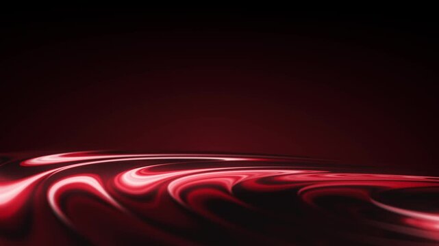Abstract flowing glowing red liquid waves on dark background. Futuristic neon ruby energy surface with copy space
