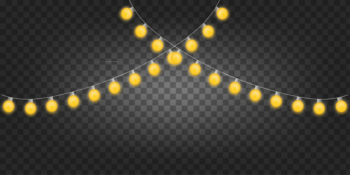 String of glowing yellow light bulbs hanging on transparent background banner.