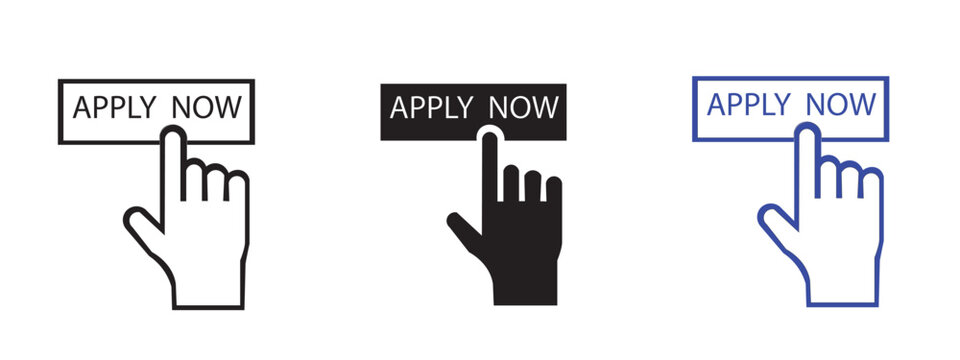 Apply now button icons with clicking cursor hand interaction interface