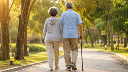 Fototapeta premium Cardiac rehabilitation, senior. Back view of an elderly couple walking side by side along a sunny park path, the man with a slight lean on a walking stick.