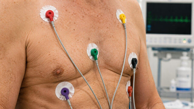 Cardiac rehabilitation, senior. Close-up of ECG monitoring electrode patches attached to an elderly male torso and chest, with colored wires leading off frame.