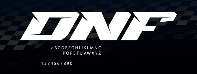 DNF Racing Font Alphabet — Bold Motorsport Display Typeface Inspired by Did Not Finish © Hasan