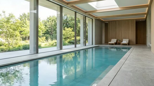 Luxurious indoor swimming pool with floor to ceiling windows overlooking a lush garden and lounge chairs for relaxation