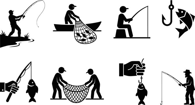 Detailed icon set featuring fishing activities like casting lines using nets boats catching fish and using bait hooks for professional outdoor sports graphics.