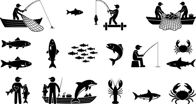 Comprehensive marine fauna and fishing icons set featuring sharks dolphins crabs lobsters and various angler silhouettes for comprehensive nautical graphic design needs.