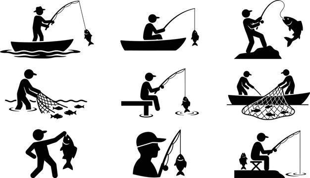 Fisherman vector silhouettes set collection fishing rod in boat man holding fish on land fishing net with fishes on checkered background.