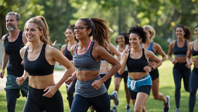 Group of diverse women and men running outdoors in a park during daytime
