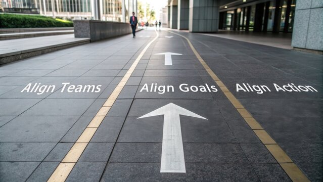 Street Path with Inspirational Texts Align Teams Goals Action in Business Context Urban Environment Concrete Sidewalk Motivational Signage