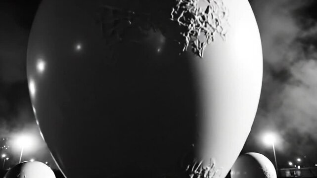 Black and White Balloons Rising into Night Sky With Lights in a Dramatic Cinematic Scene