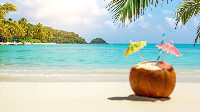 A tropical scene featuring a coconut drink on a sunny beach.