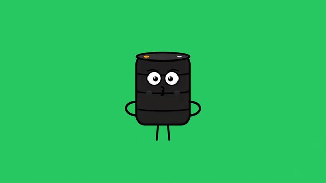 Oil barrel character stands with a neutral expression on a green background.