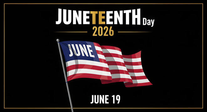 Juneteenth Day flag waving on black background