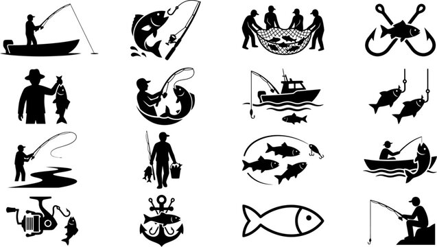 Variety of fishing icons featuring anglers casting lines with rods and nets catching fish from boats and water bodies.