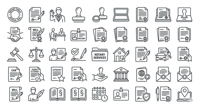 Legal And Business Document Icons Law, Notary, Real Estate, Finance, Contracts, And Official Seals, Monotone Style