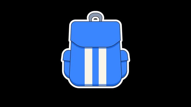 Seamless looping animation of a bouncing blue backpack with school and work bags for back to school concepts. Flat style sticker design element isolated on transparent alpha channel