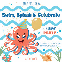 Vector invitation card template for children's birthday party with text "Swim, Splash & Celebrate". Features a cute cartoon red octopus wearing a party hat, holding a yellow balloon © Юлія Панченко