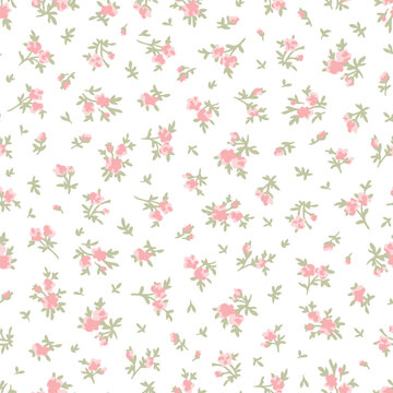 Cute pink small piony roses flower with green leaves seamless pattern for girl and woman dress, fashion fabric print textile of ditsy vintage floral set. Vector illustration bloom spring background