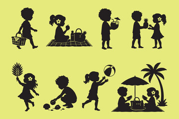 Obraz premium Tropical Summer Beach Picnic Kids Silhouette Vector