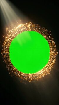 Ornate Golden Mirror With Green Screen Center and Dramatic Spotlight Effect on Black Background Illuminated by Soft Light Rays and Sparkling Particles