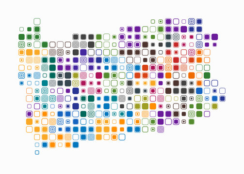 Pennsylvania, shape of the state build of colored cells. Digital style map of the Pennsylvania on white background. Large size rounded square blocks. Beautiful vector illustration.