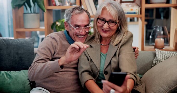 Phone, wave and old couple in home with video call, bonding together or hello for online communication. Happy, senior married people and greeting on couch with tech, virtual contact and conversation.
