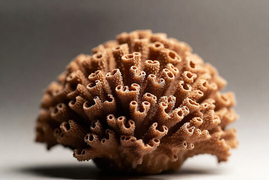 A close-up of a brown, porous coral specimen resting on a neutral surface.