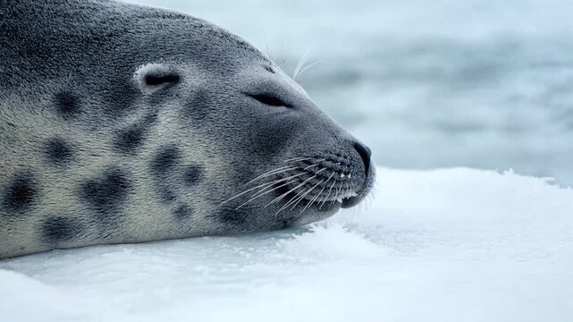 Close up of a spotted seal sleeping on an ice floe in the polar ocean while resting in its natural habitat.