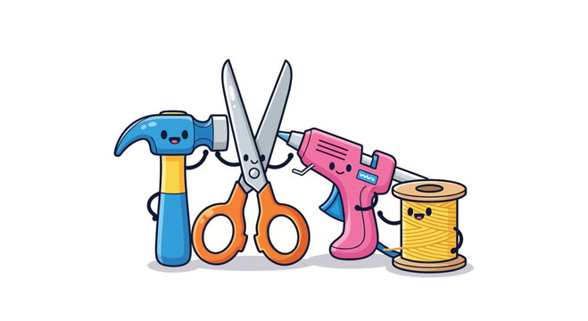 Cute cartoon tools like hammer scissors glue gun and thread